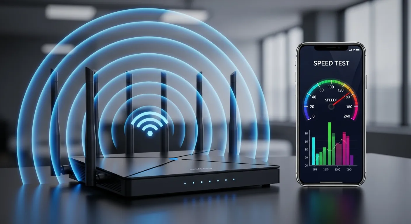 Roteador e smartphone fazendo teste de velocidade