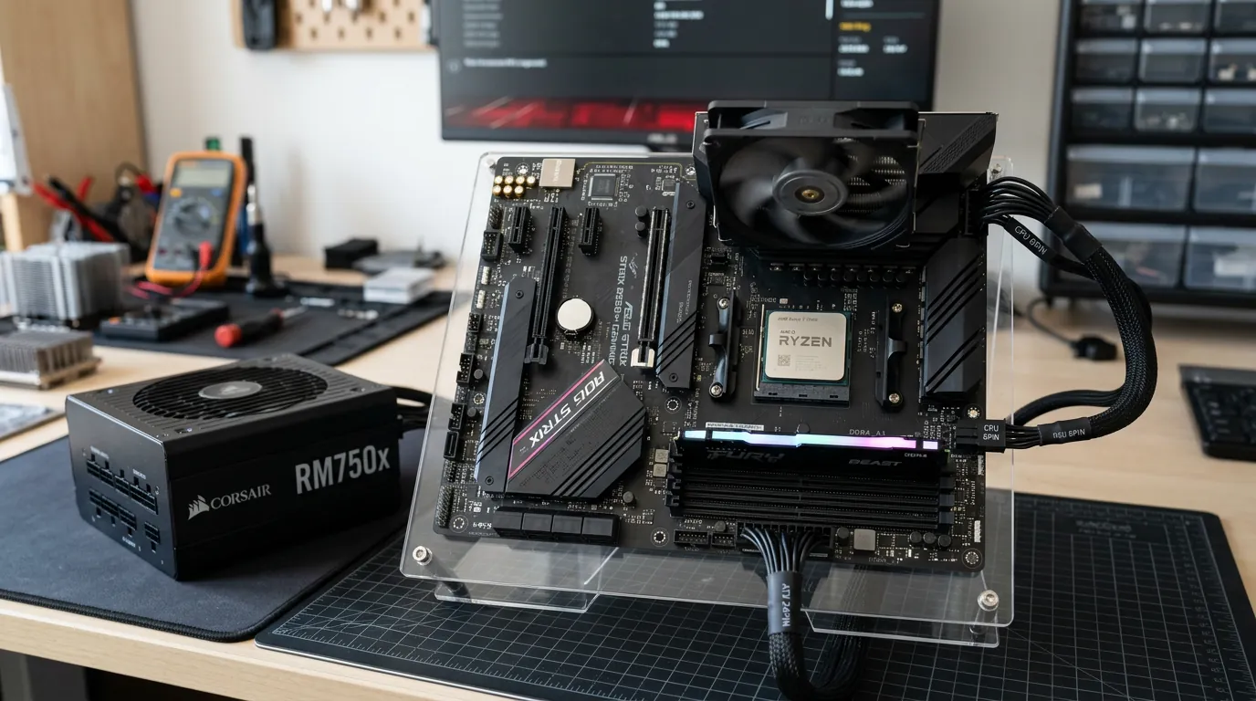 Placa-mãe em bancada para teste mínimo de hardware