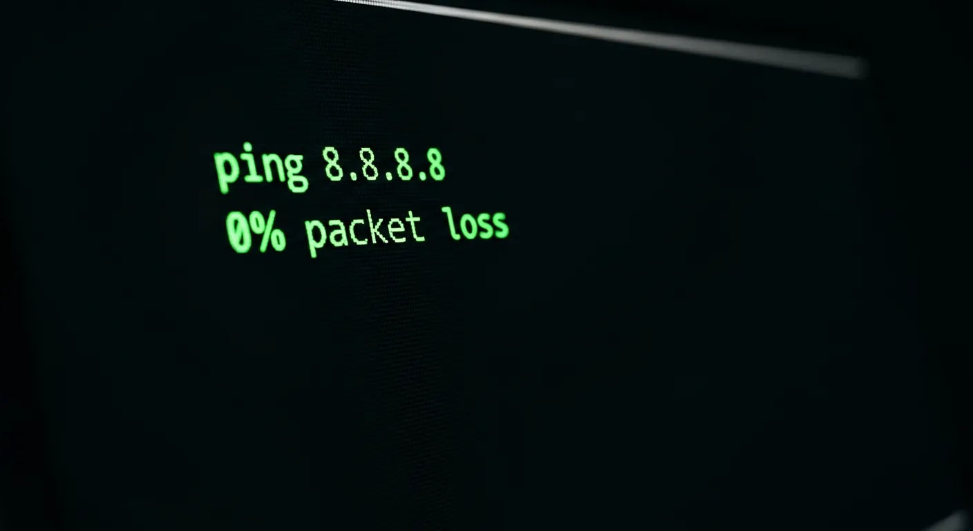 Terminal de computador mostrando teste de ping com zero perda de pacotes