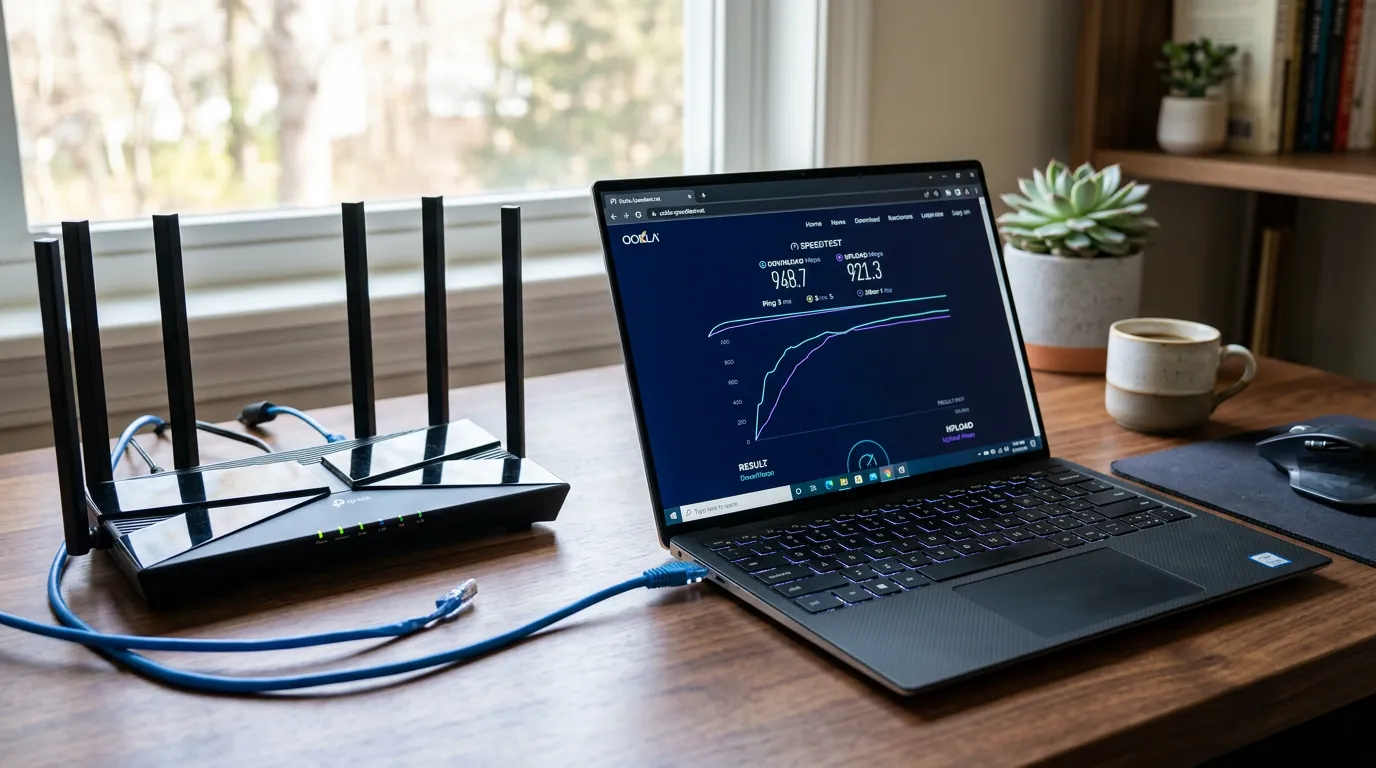 Teste de velocidade de internet via cabo de rede