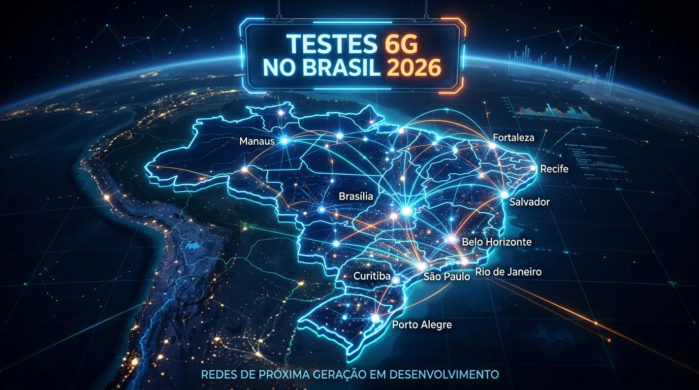 Mapa do Brasil com pontos luminosos representando testes da rede 6G