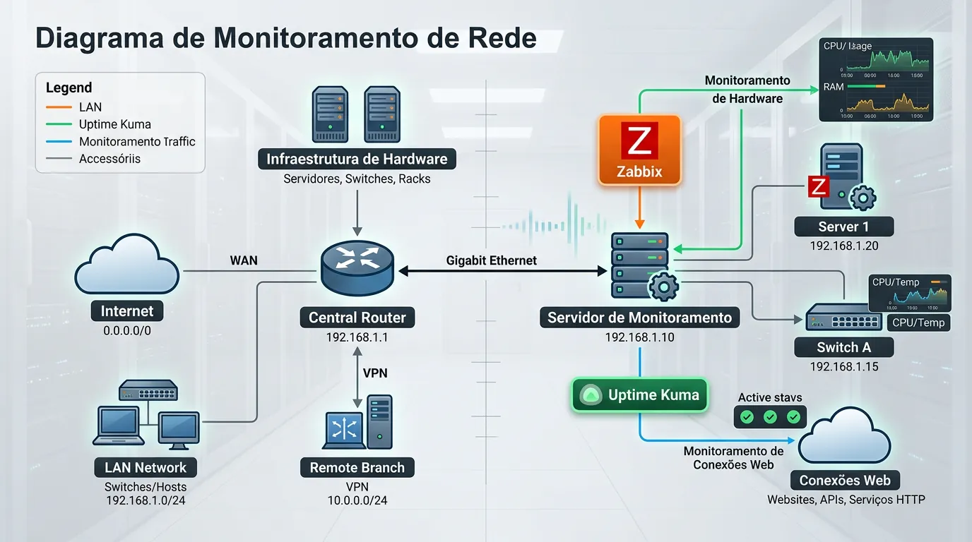 Diagrama de topologia de rede com Zabbix e Uptime Kuma