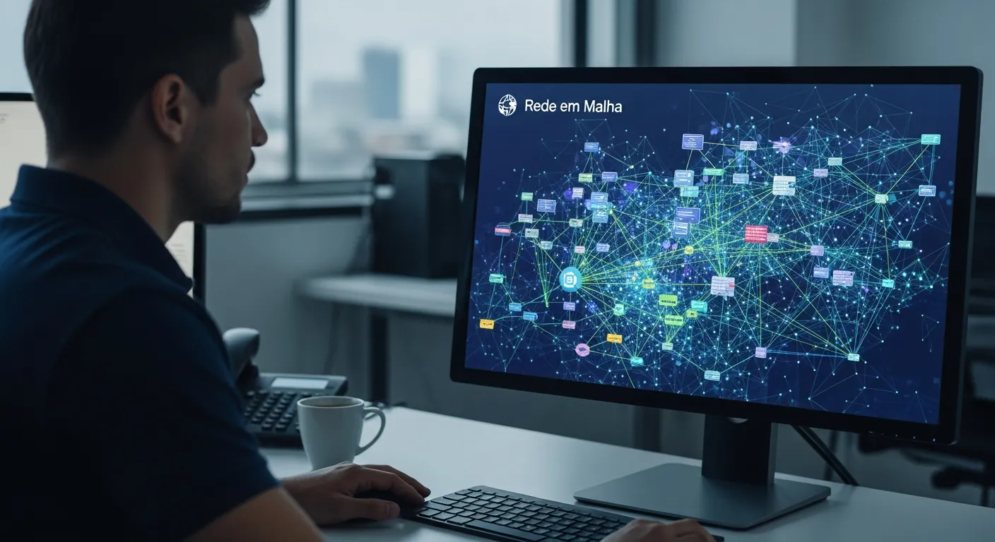 Engenheiro analisando uma rede em malha no monitor