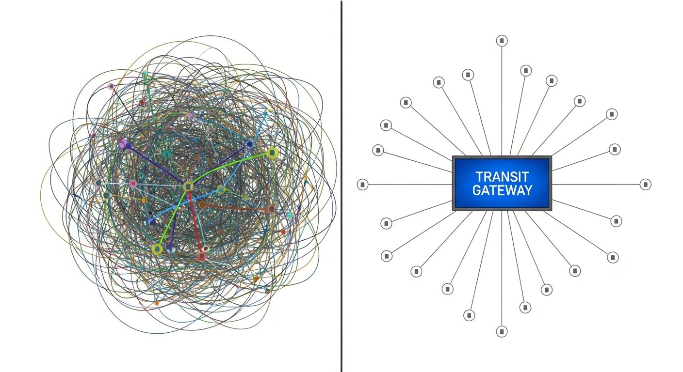 Diagrama comparativo entre VPC Peering e Transit Gateway