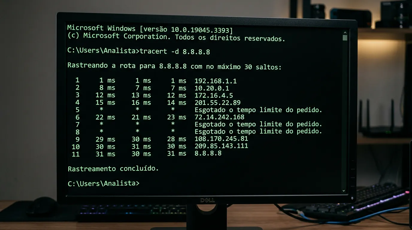 Tela de traceroute com asteriscos e request timed out