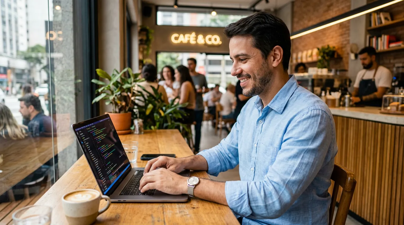 Profissional maduro trabalhando com TI em um café
