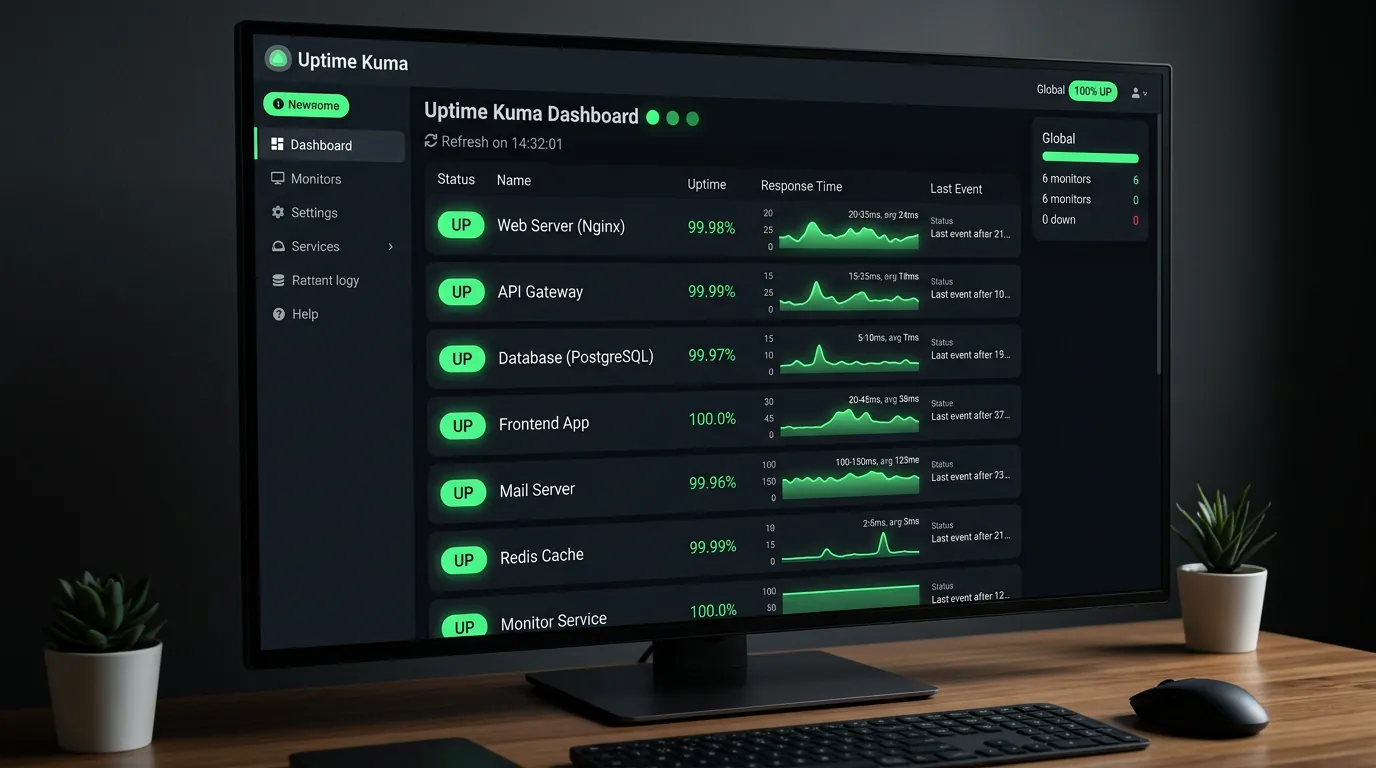 Dashboard do Uptime Kuma com serviços online