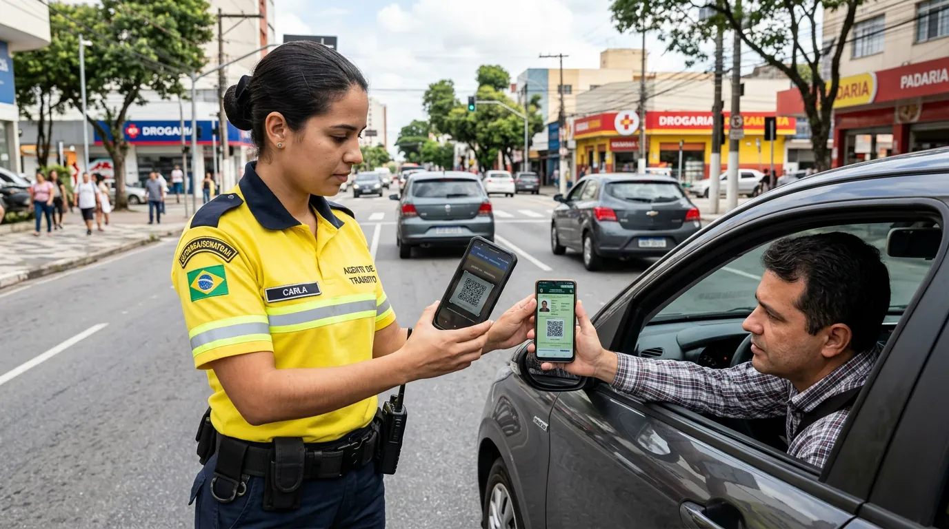 Fiscalização de trânsito validando QR Code da CNH Digital com o app Vio