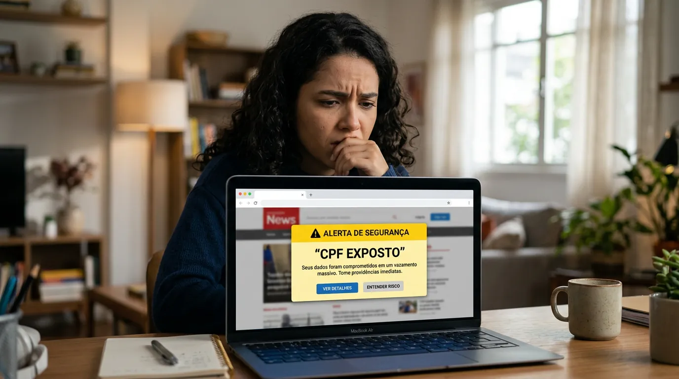 Pessoa verificando vazamento de CPF no notebook