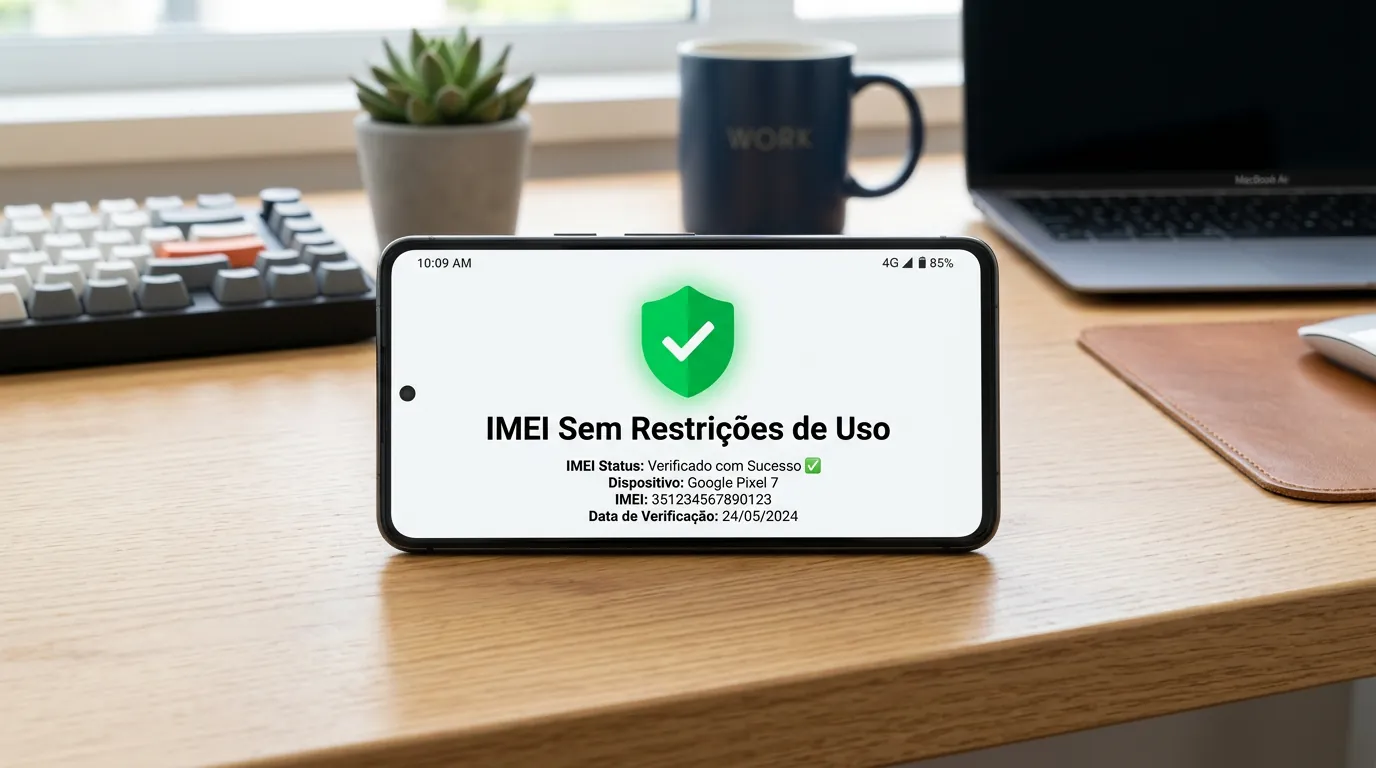 Tela de verificação mostrando consulta de IMEI sem restrições na Anatel e Celular Seguro