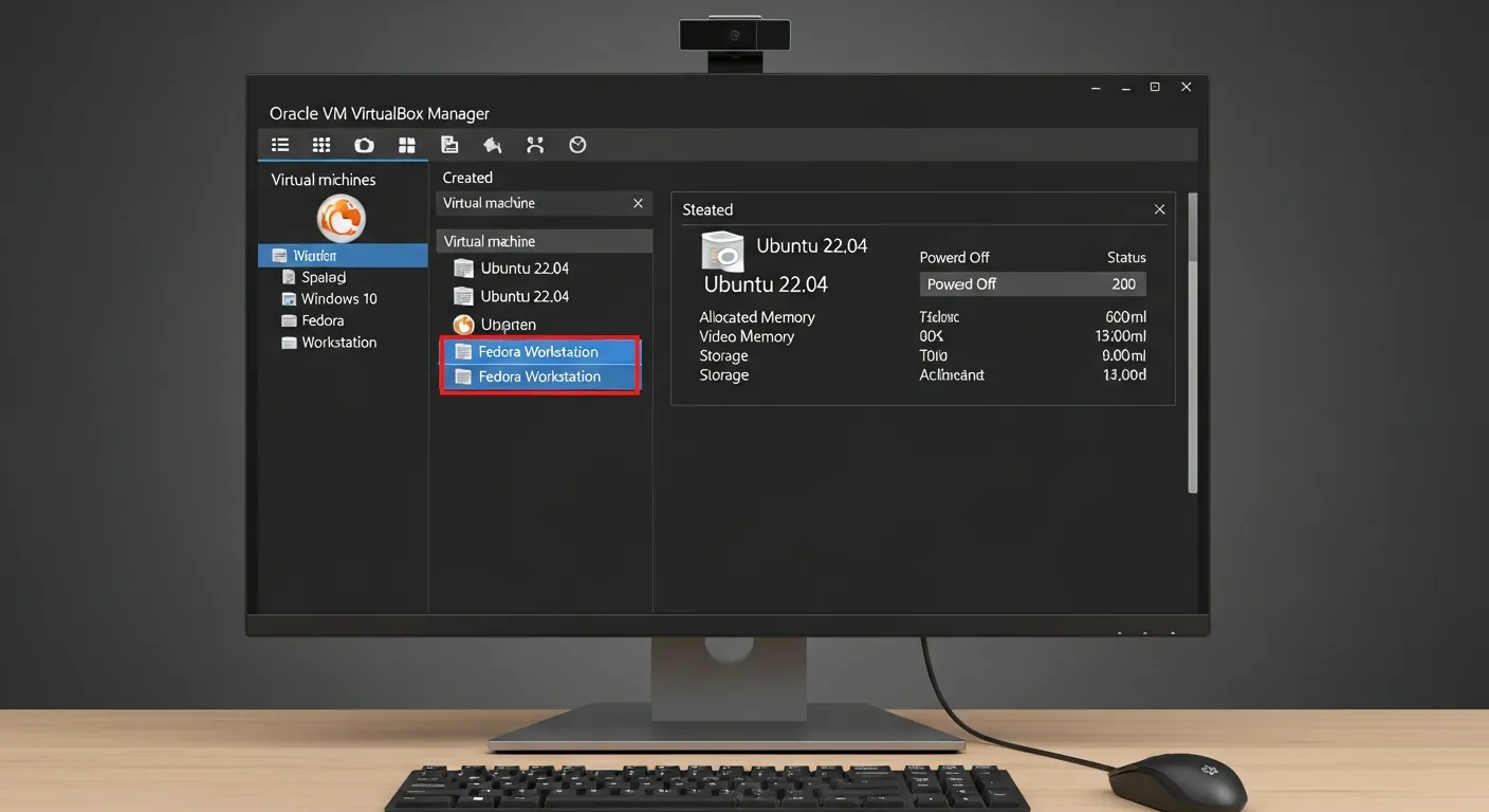 Alt: Interface do VirtualBox com sistemas operacionais
