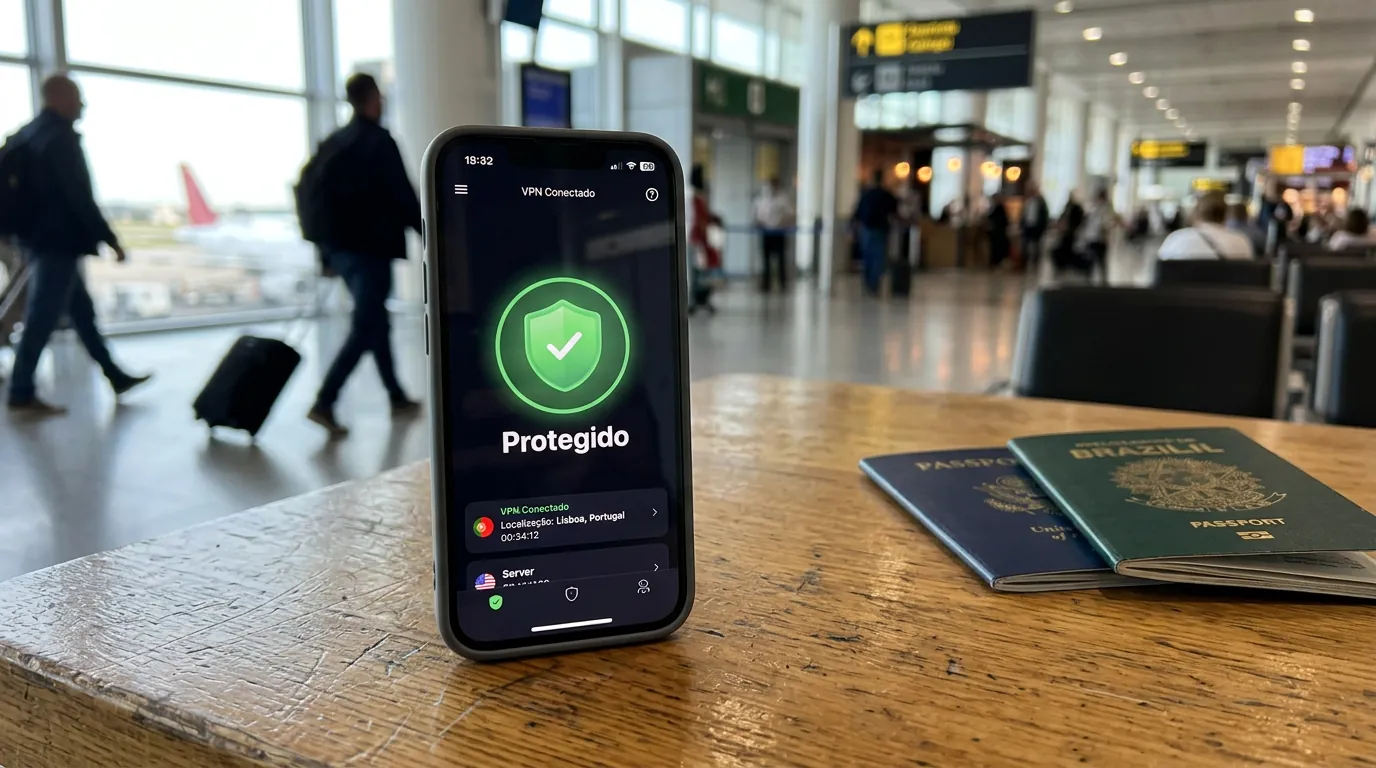 Smartphone com aplicativo de VPN ativado em aeroporto