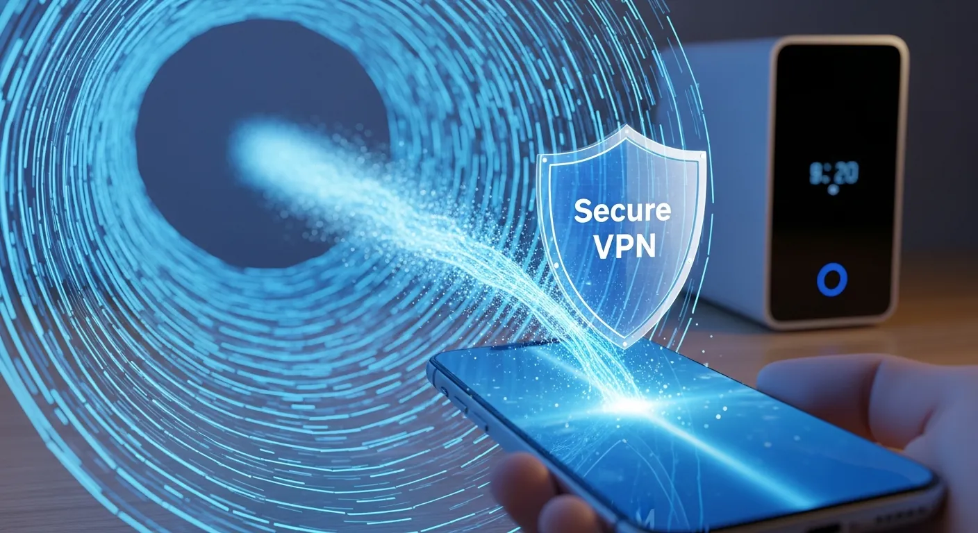 Túnel criptografado VPN conectando smartphone à casa
