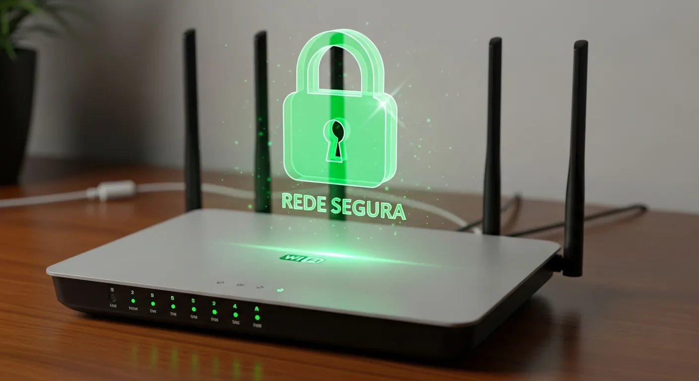 Roteador Wi-Fi com holograma de cadeado de segurança