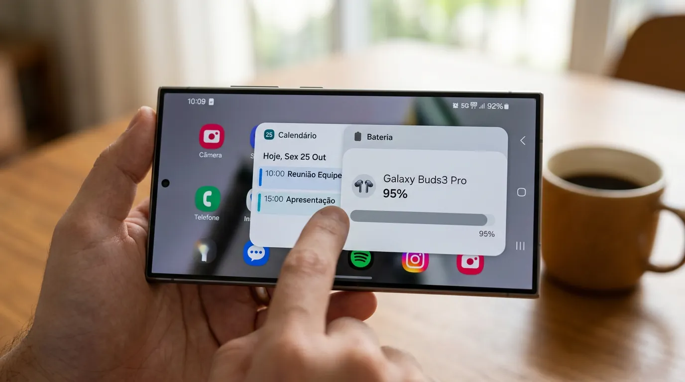Pilha de widgets empilhados na tela inicial do celular Samsung