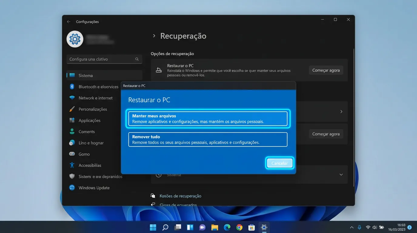 Tela de Restaurar o PC do Windows