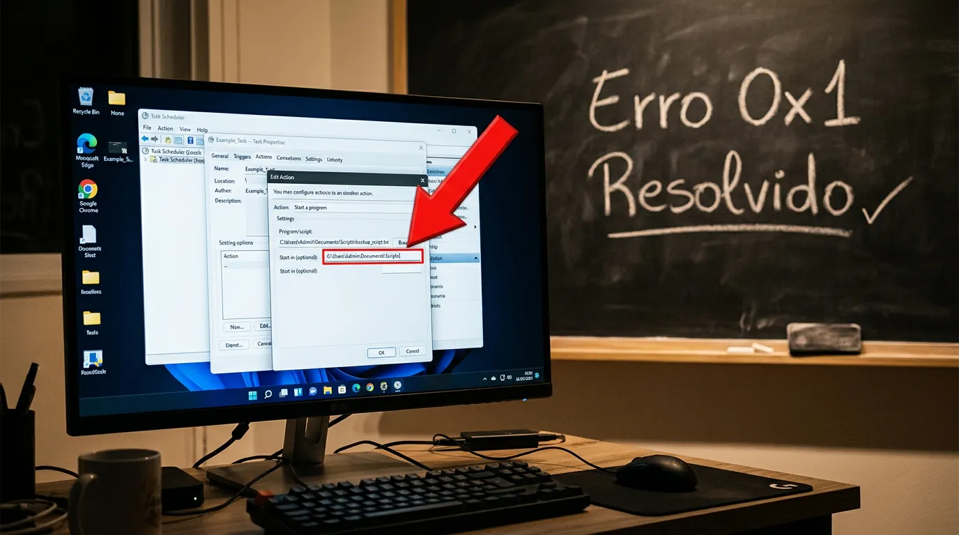 Configuração do Task Scheduler no Windows destacando o campo Start in