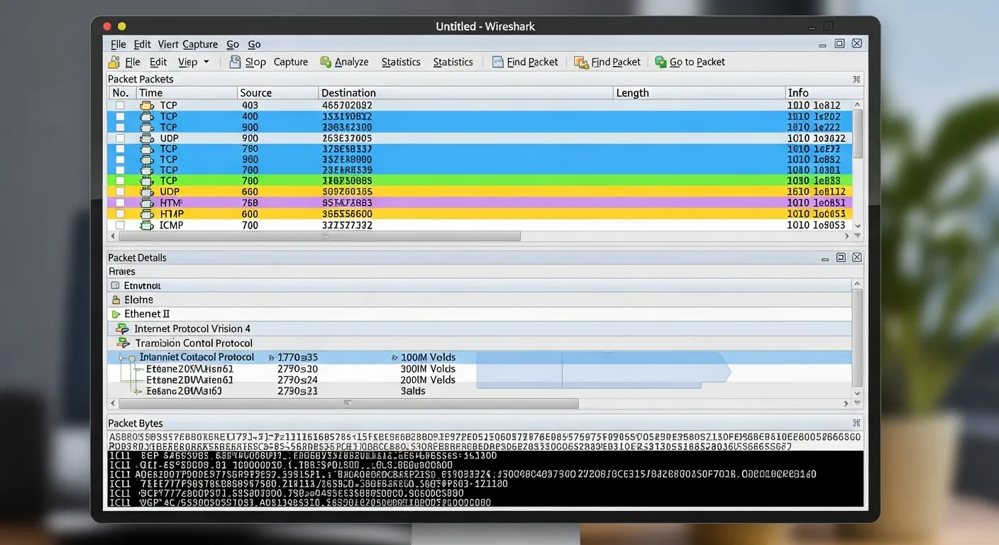 Alt Text: Painel principal do Wireshark analisando tráfego de rede