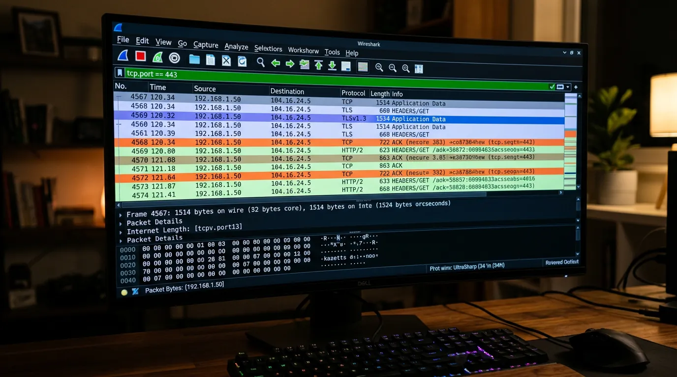 Interface do Wireshark mostrando filtro de exibição TCP