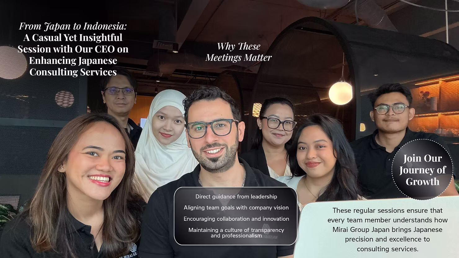 Group of seven people in a casual meeting setting, smiling. Text highlights consulting insights and growth journey. Warm lighting.