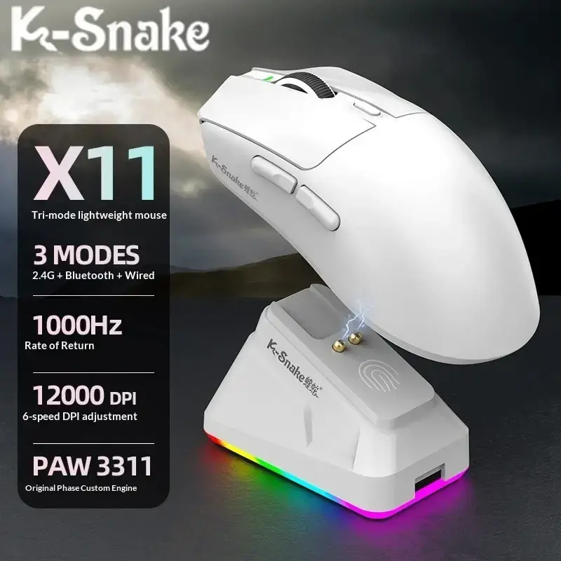 K-Snake X11 Wireless Gaming Mouse with RGB Magnetic Charging Dock - PAW3311 Sensor, 12000 DPI, Tri-Mode Connectivity mouse-gaming view 2