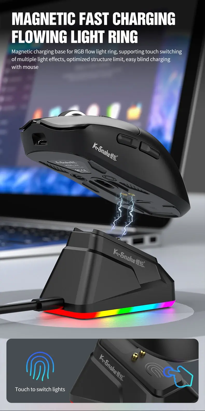 K-Snake X11 Wireless Gaming Mouse with RGB Magnetic Charging Dock - PAW3311 Sensor, 12000 DPI, Tri-Mode Connectivity mouse-gaming view 8
