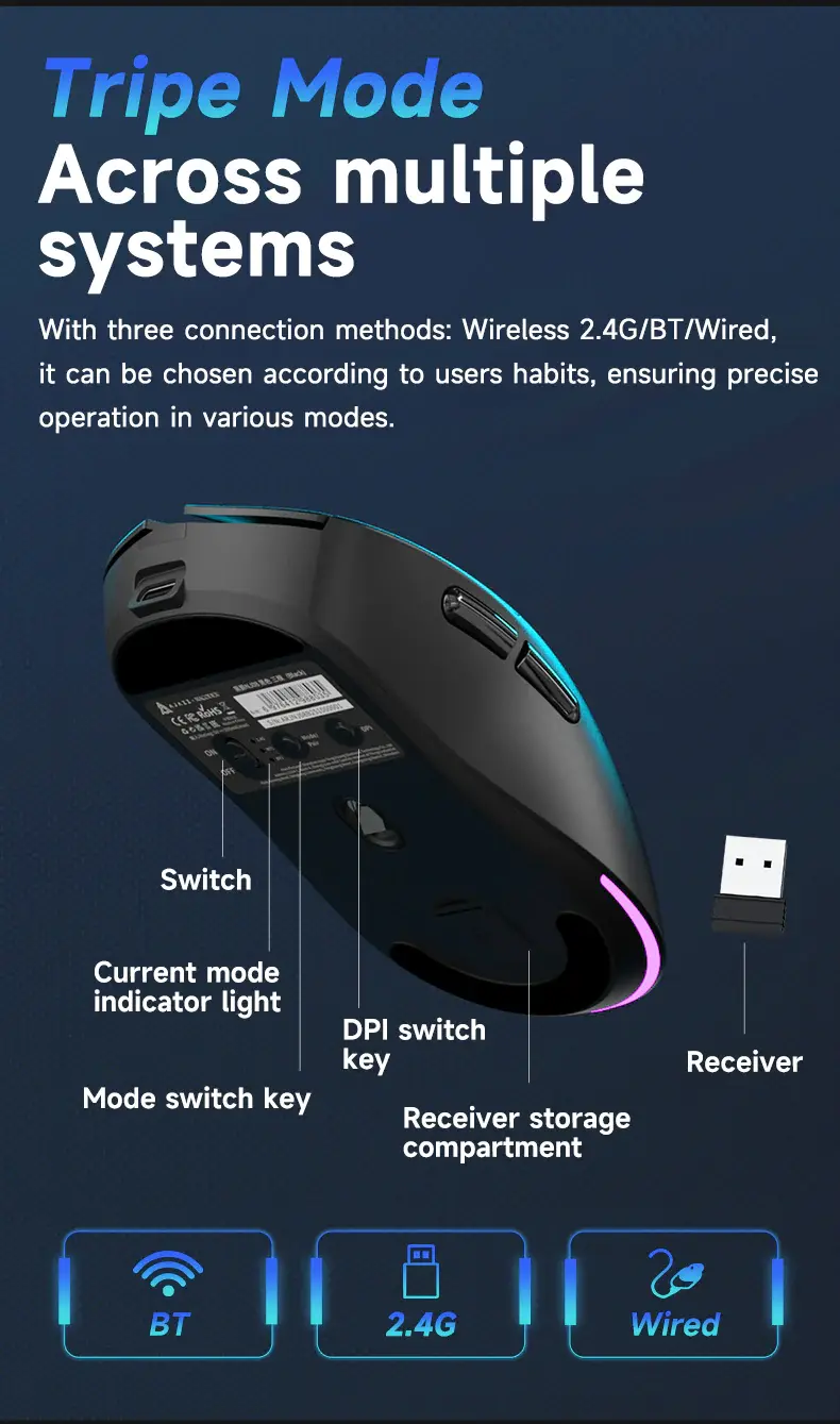 AJAZZ NJ08 MC PAW3311 Wireless Mouse, Three Mode Connection, 24000 DPI, 300mAh Battery, RGB, 1000Hz, for Gaming/Office Use mouse-gaming view 4