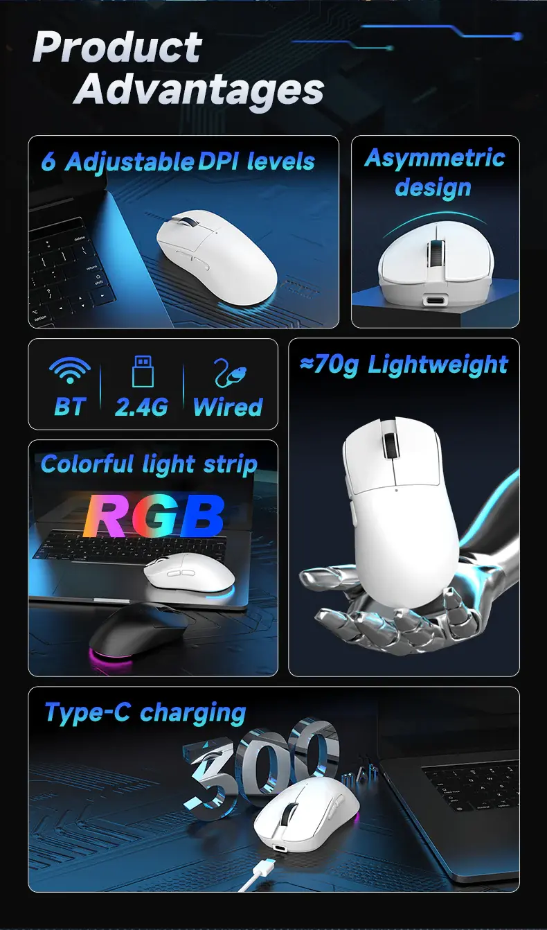 AJAZZ NJ08 MC PAW3311 Wireless Mouse, Three Mode Connection, 24000 DPI, 300mAh Battery, RGB, 1000Hz, for Gaming/Office Use mouse-gaming view 5