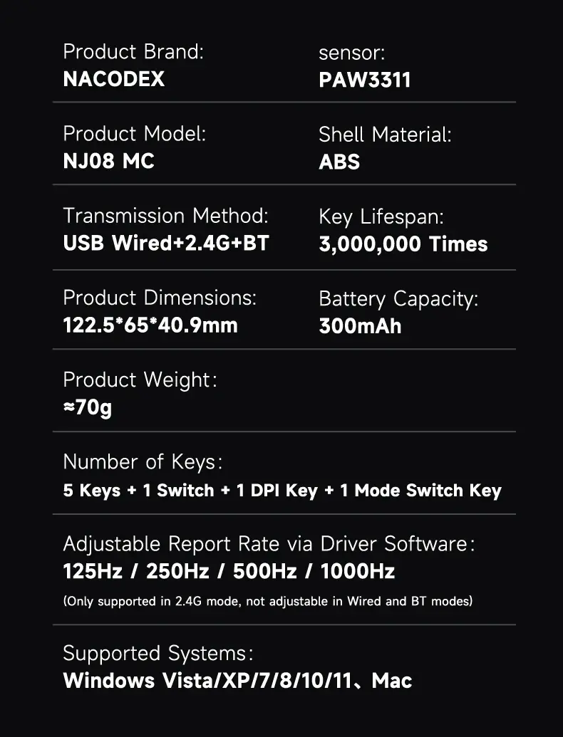 AJAZZ NJ08 MC PAW3311 Wireless Mouse, Three Mode Connection, 24000 DPI, 300mAh Battery, RGB, 1000Hz, for Gaming/Office Use mouse-gaming view 9