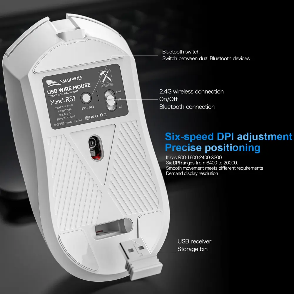 SMAILWOLF RS7 Wireless Gaming Mouse PAW3311 20000DPI 300IPS 89g Tri-Mode Connection mouse-gaming view 3
