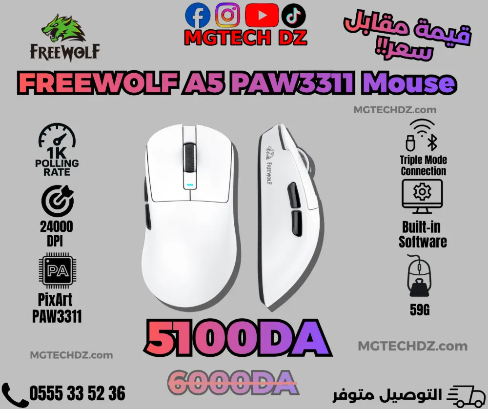 FREEWOLF A5 Wireless Gaming Mouse PAW3311 24000 DPI RGB Tri-Mode Connection mouse-gaming