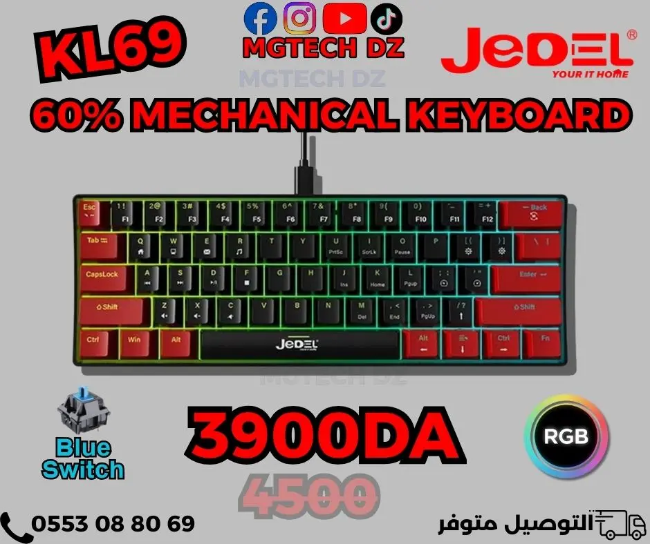 JEDEL KL69 RGB Blue Switches Mechanical Gaming Keyboard – 60% Compact Layout mechanical-keyboards