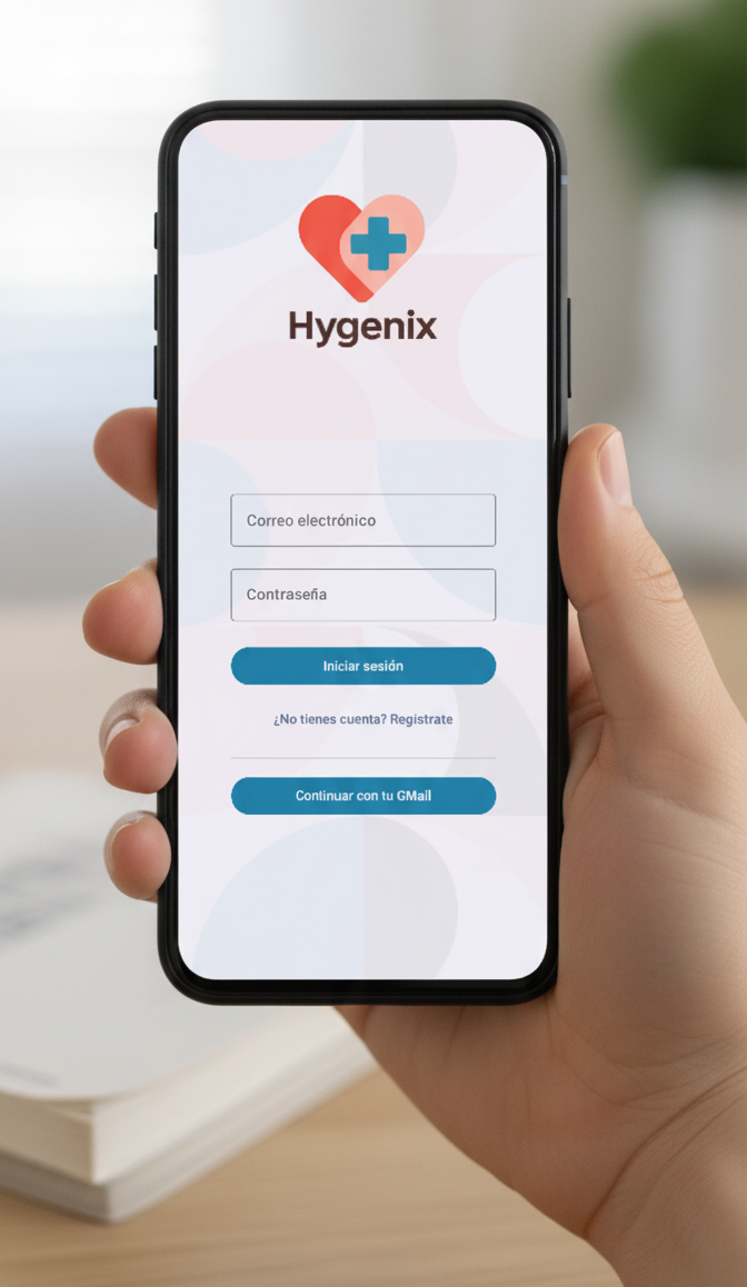 A mockup of the Hygenix app on a smartphone.