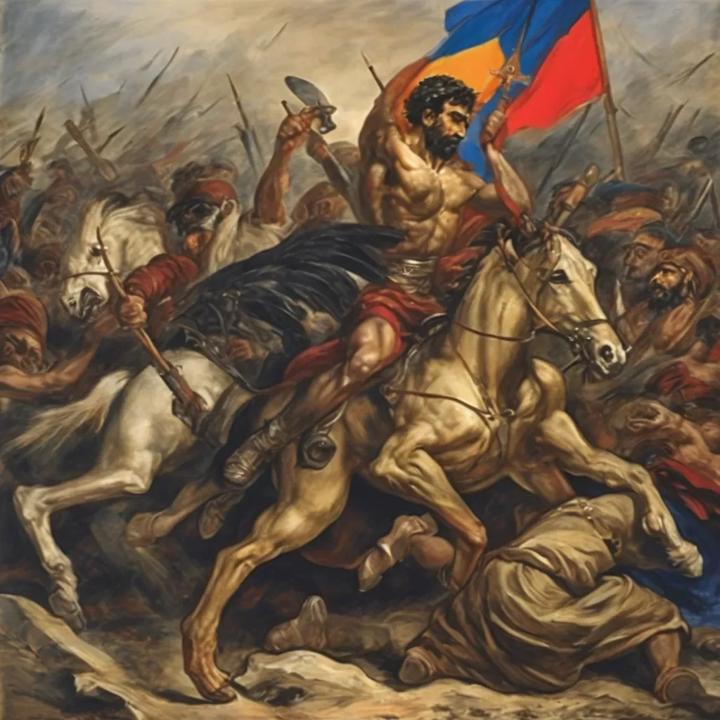 This image is the AI's interpretation of the text: Prompt: Create an image in the style of Delacroix depicting the struggle for independence of Armenia against the Russian-Turkish alliance, showcasing the Armenians as the true resisters against their oppressive situation and the politics of the West.