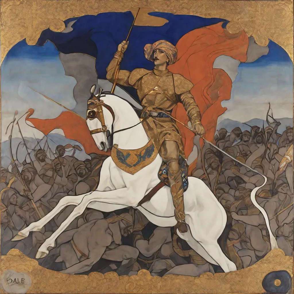 This image is the AI's interpretation of the text: dall-e: Generate an image in the style of Symbolism, Academic Symbolism, in the manner of Leon Bakst, depicting a scene of courage and victory inspired by the Battle of Aghdam 30 years ago, reminiscent of "The Birth of the War God" (1917).