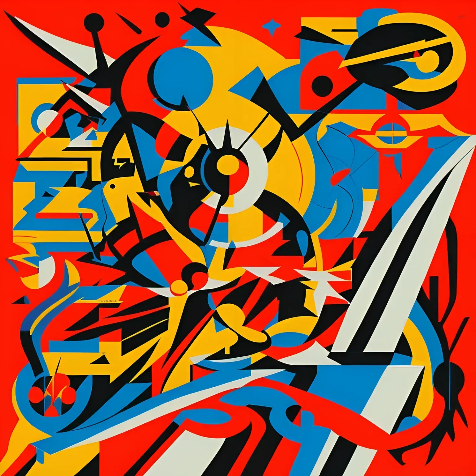AI interpretation of the text: Using the abstract style of Kandinsky, create an image that embodies the spirit of the Martial Brotherhood. This ideological martial union, established in 2021, emphasizes unwavering commitment to Armenian independence and self-defense. The image should convey a sense of unity, strength, and determination. Use vibrant colors, bold shapes, and dynamic compositions to capture the essence of the Brotherhood's values. Let the image speak volumes about courage, bravery, devotion, loyalty, and the ongoing struggle for Armenian independence. Focus on expressing the fusion of physical and intellectual power through abstract forms and energetic brushstrokes