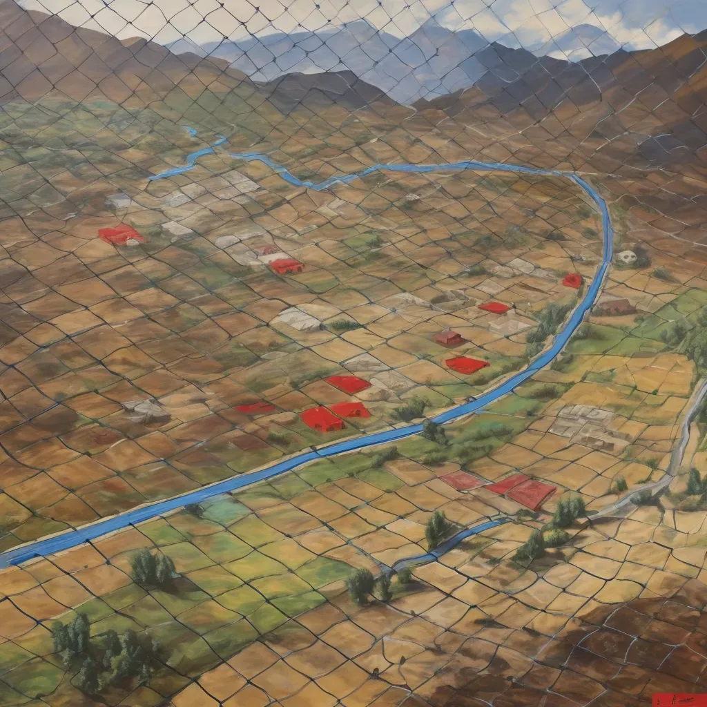 This image is the AI's interpretation of the text: Prompt: Create a realistic painting in the style of Masis Shiroyan depicting the inseparability of borders in a political context. The painting should capture the importance of border demarcation, specifically between Armenia and Azerbaijan, and the impact it has on surrounding countries such as Russia and their own border demarcation processes. The image should convey a sense of tension and political weight, without the use of any text.