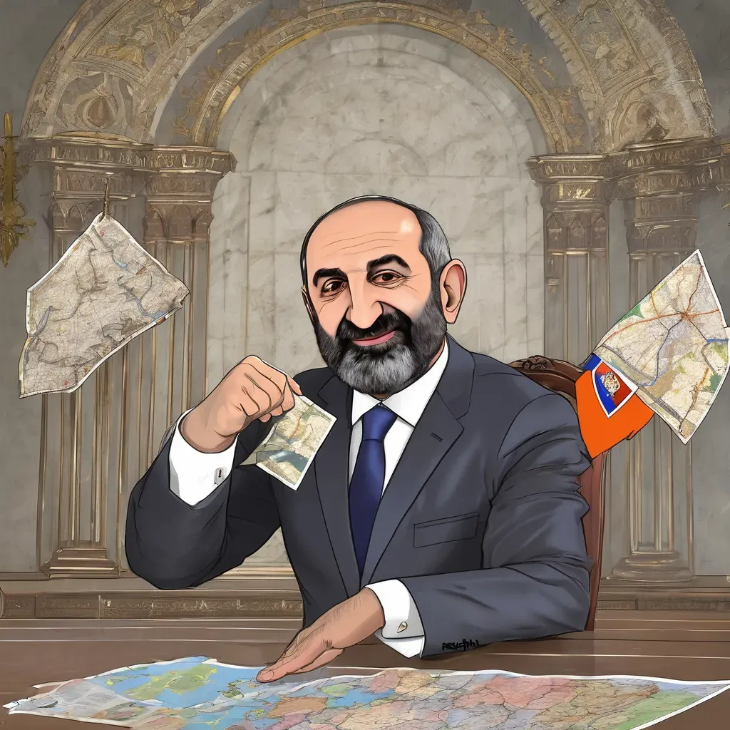 This image is the AI's interpretation of the text: "Dall-e, please create a satirical caricature of Nikol Pashinyan, the current Prime Minister of Armenia, portrayed as a foolish leader. He should be depicted holding a map of Armenia in a clueless manner, while also standing on the Constitution of the country. The overall tone of the image should be mocking and sarcastic, highlighting Pashinyan's incompetence as a leader."