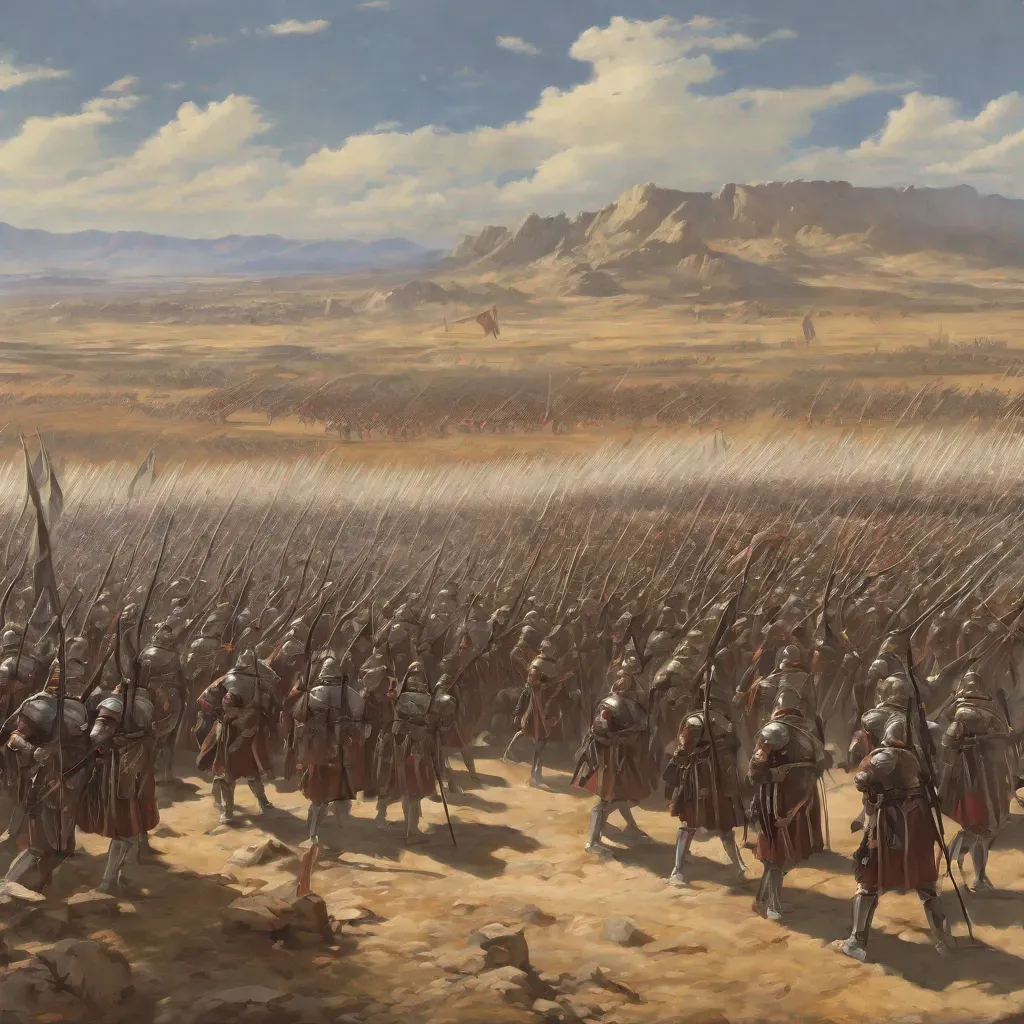 This image is the AI's interpretation of the text: "The drums of war beat in unison, signaling the start of the great battle."

A vast army stands on a barren field, waiting tensely for the sound of drums to signal battle. The sky is clear and a hill is visible in the distance, a hill where the commanders of this great army stand, watching as their troops prepare for war. In the foreground, Vasily Vereshchagin's painting "The Apotheosis of War" looms; a haunting reminder of the horrors to come.