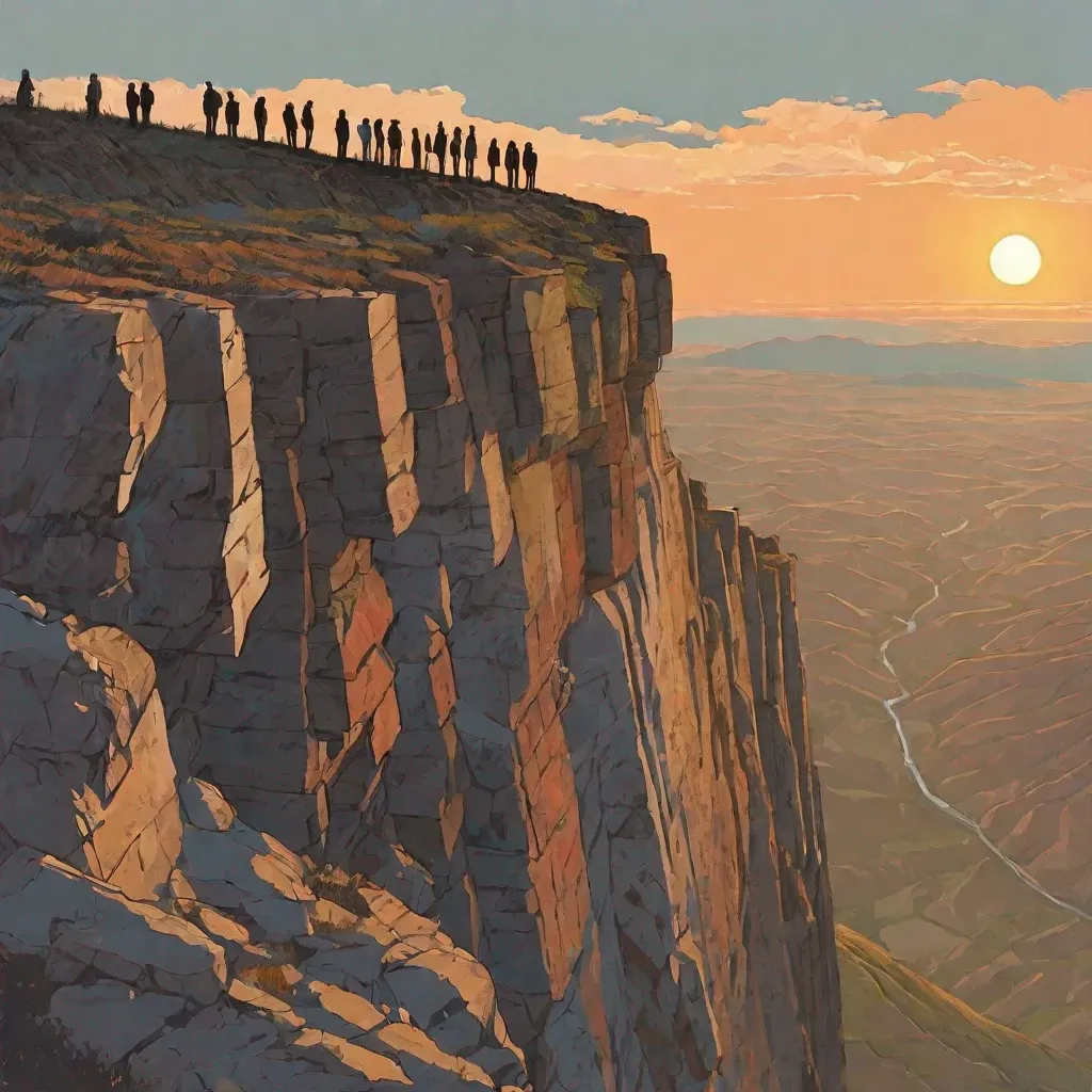 This image is the AI's interpretation of the text: dall-e: a group of people in a post-soviet Armenia standing at the edge of a cliff, looking down at the horizon, illuminated by a sunrise as they start to realize the end of the Third Republic and the beginning of a new independent Armenia.