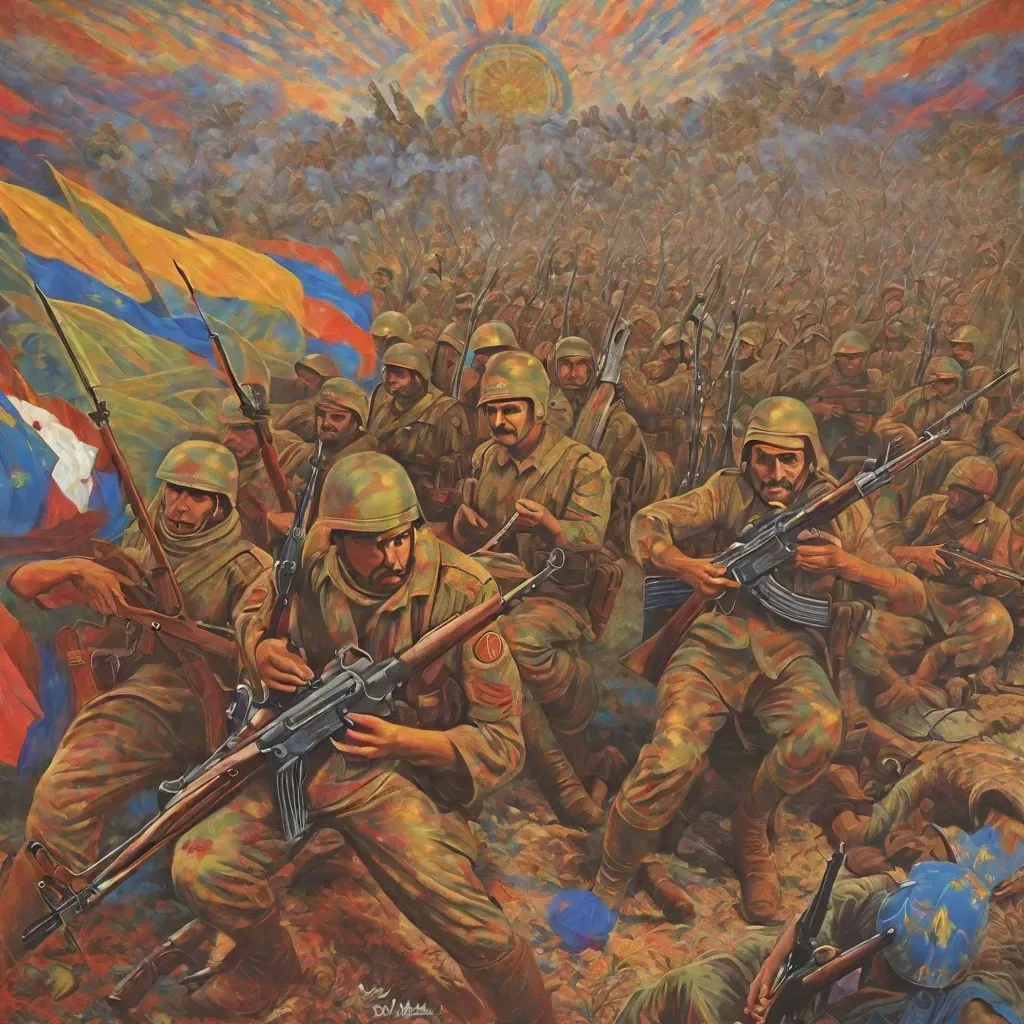 AI interpretation of the text: Depict a dynamic scene from Armenian history where members of the regular army and popular units are intertwined in unity. Soldiers in defined uniforms march side-by-side with civilians from various professions, all armed with rifles. Interspersed throughout this collective are Armenian flags, symbolizing unity and national pride. The scene should exude a sense of collaboration between the disciplined regulars and the passionate popular forces, both equally important in the defense of their homeland