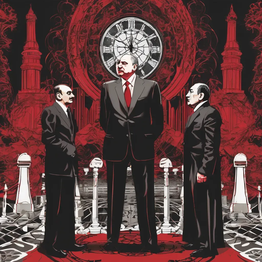 This image is the AI's interpretation of the text: "Create a dark, gothic heavy metal image with shades of red and black. In the center, depict a figure representing a synchronization of Azerbaijani President Aliyev and Russian Foreign Minister Lavrov, their words merging together in a sinister manner. Surrounding them, include imagery of a corridor, symbolizing the reopening of a controversial topic. In the background, incorporate a clock or hourglass, representing the looming deadline of the US election and the postponement of peace. Let the overall aesthetic exude a foreboding sense of chaos and destruction."