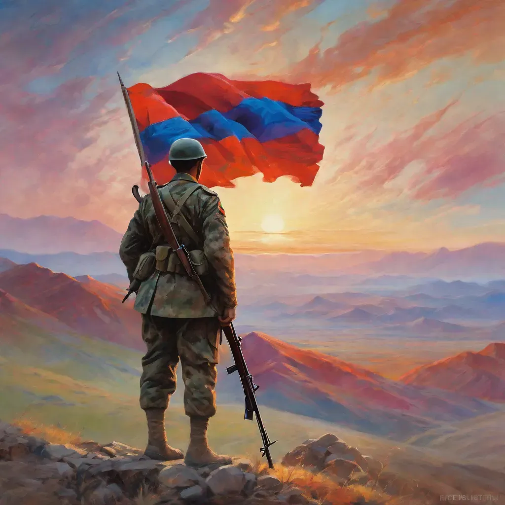 This image is the AI's interpretation of the text: A determined Armenian soldier stands in front of a wind-swept landscape, wearing the colors of the flag. A brilliant sunrise illuminates the sky, with swathes of bright pastel colors. The soldier’s face is cast in determination as he stares out towards the horizon, signalling the commitment to struggle and a realistic approach needed to gain independence.