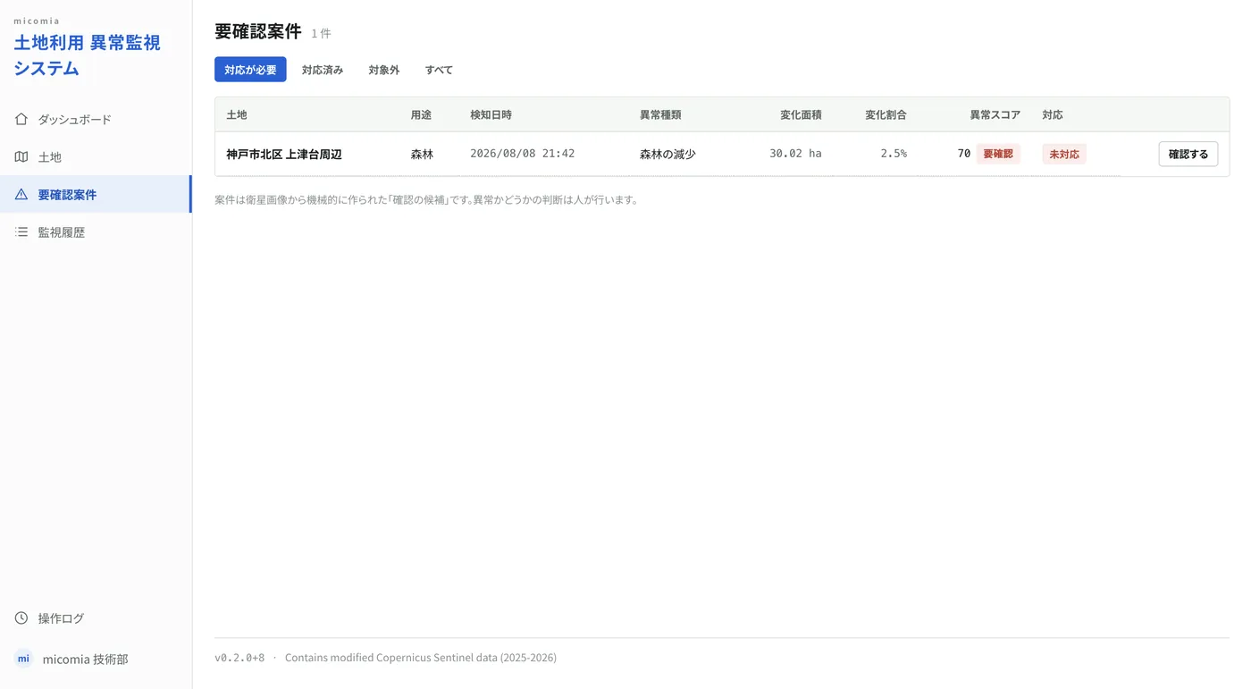 システムが自動で検知した確認候補の一覧（土地利用 異常監視システム）