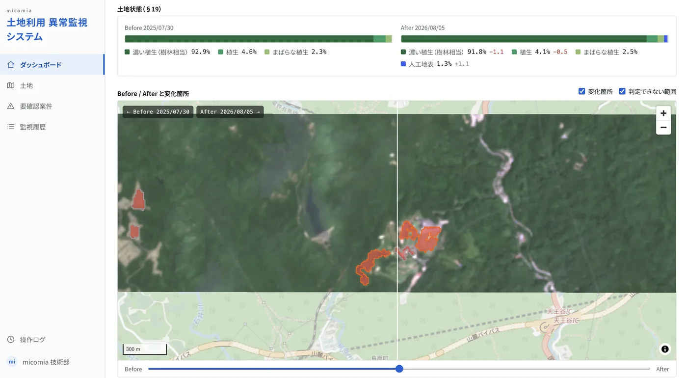 Before / After を並べ、変化した箇所を地図上で可視化した画面（土地利用 異常監視システム）