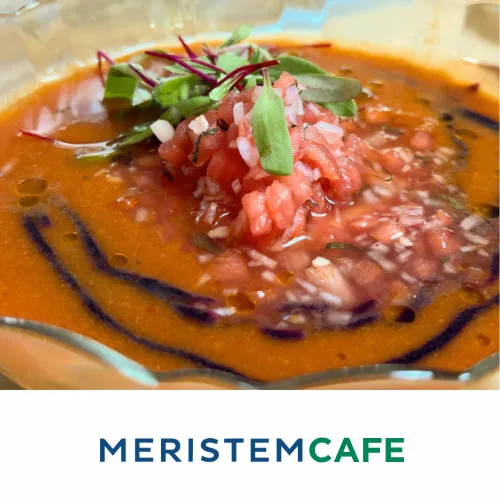 Orange soup topped with diced relish and microgreens in a glass bowl from Meristem Cafe.
