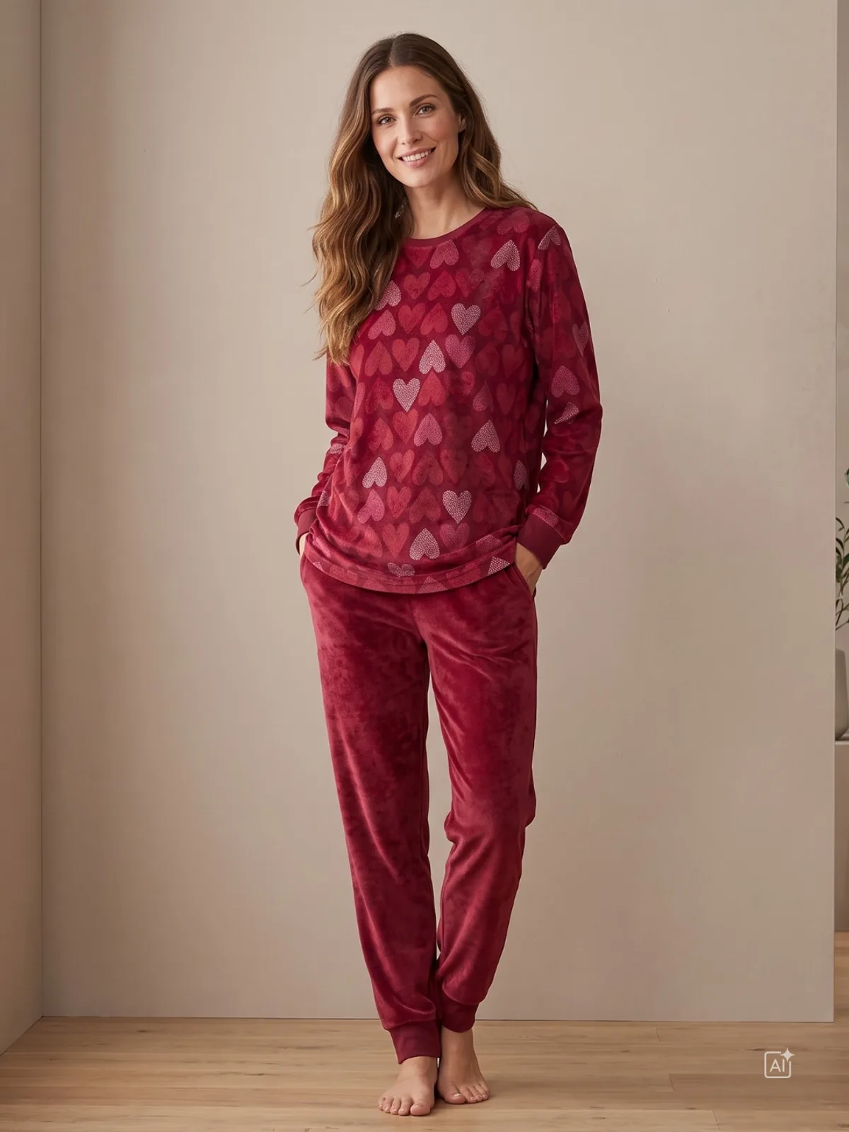 Lunatex dames velours badstof pyjama hart afbeelding 2
