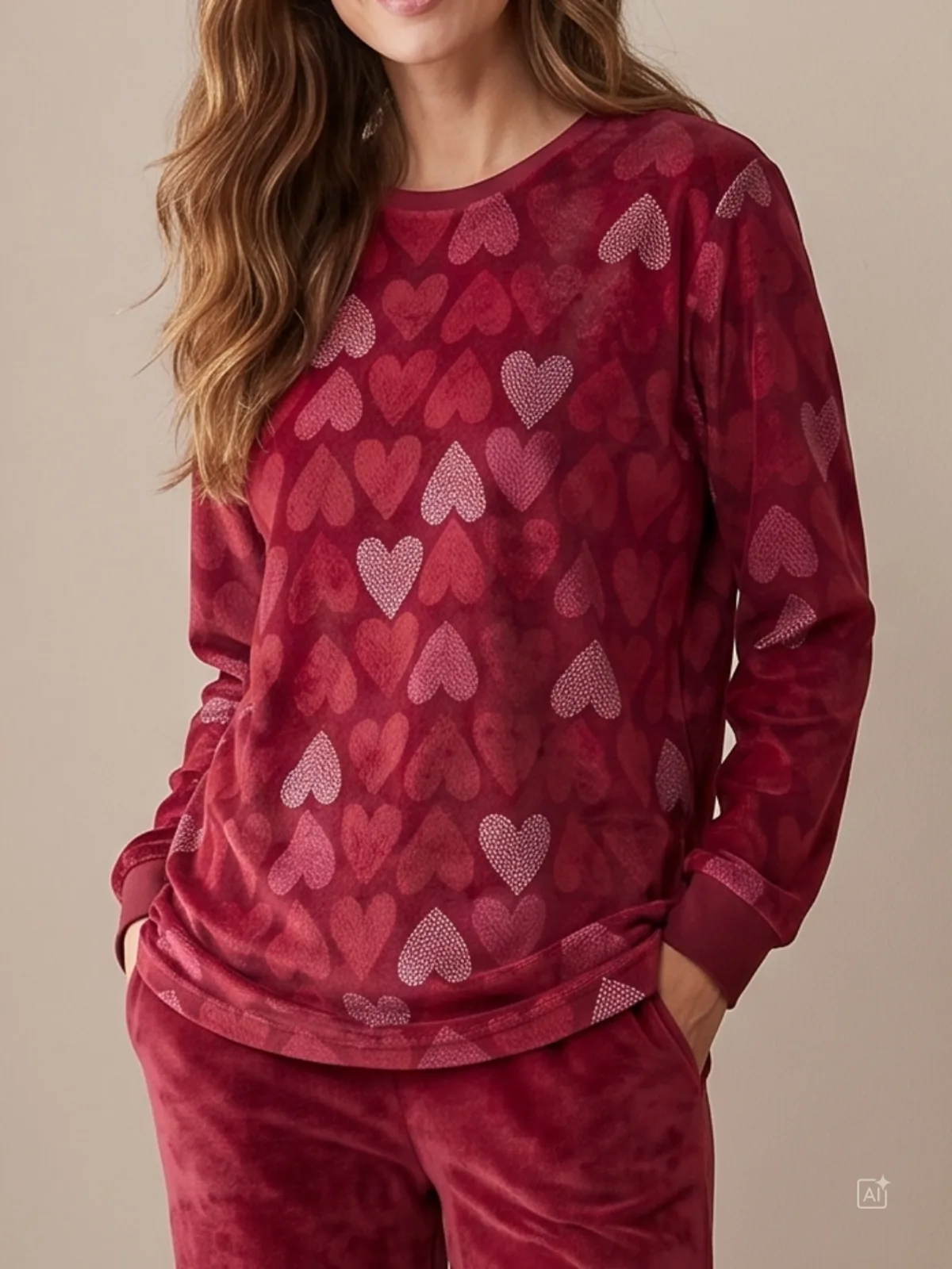 Lunatex dames velours badstof pyjama hart afbeelding 3