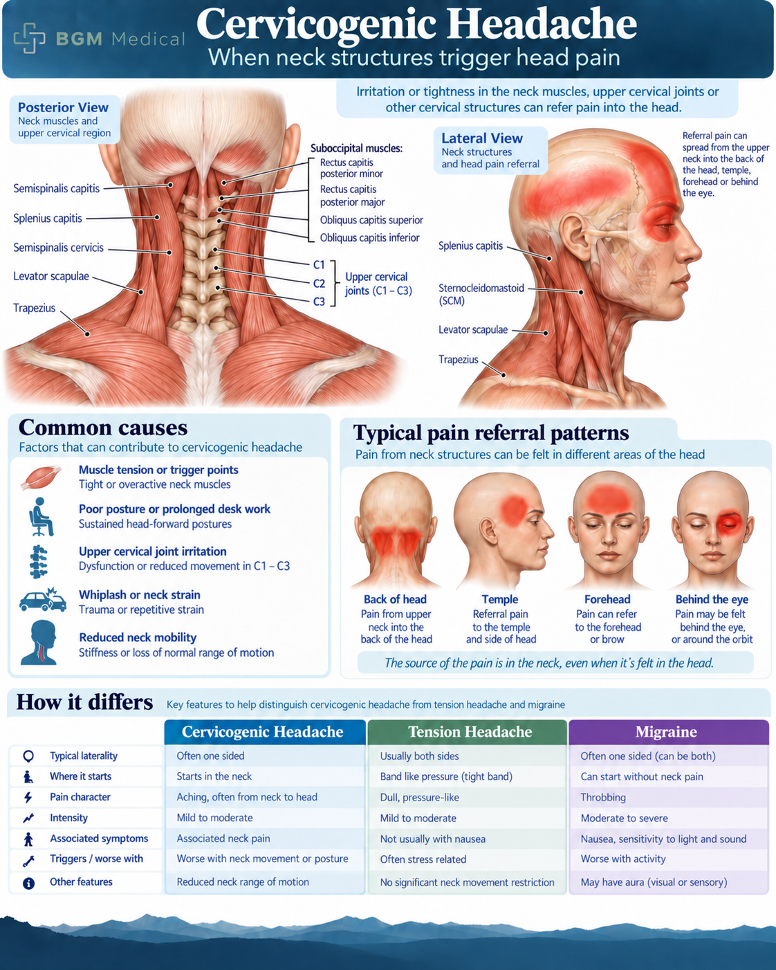 Cervicogenic headache infographic showing the neck muscles and upper cervical joints, common causes, where pain is referred in the head, and how this differs from tension type headache and migraine
