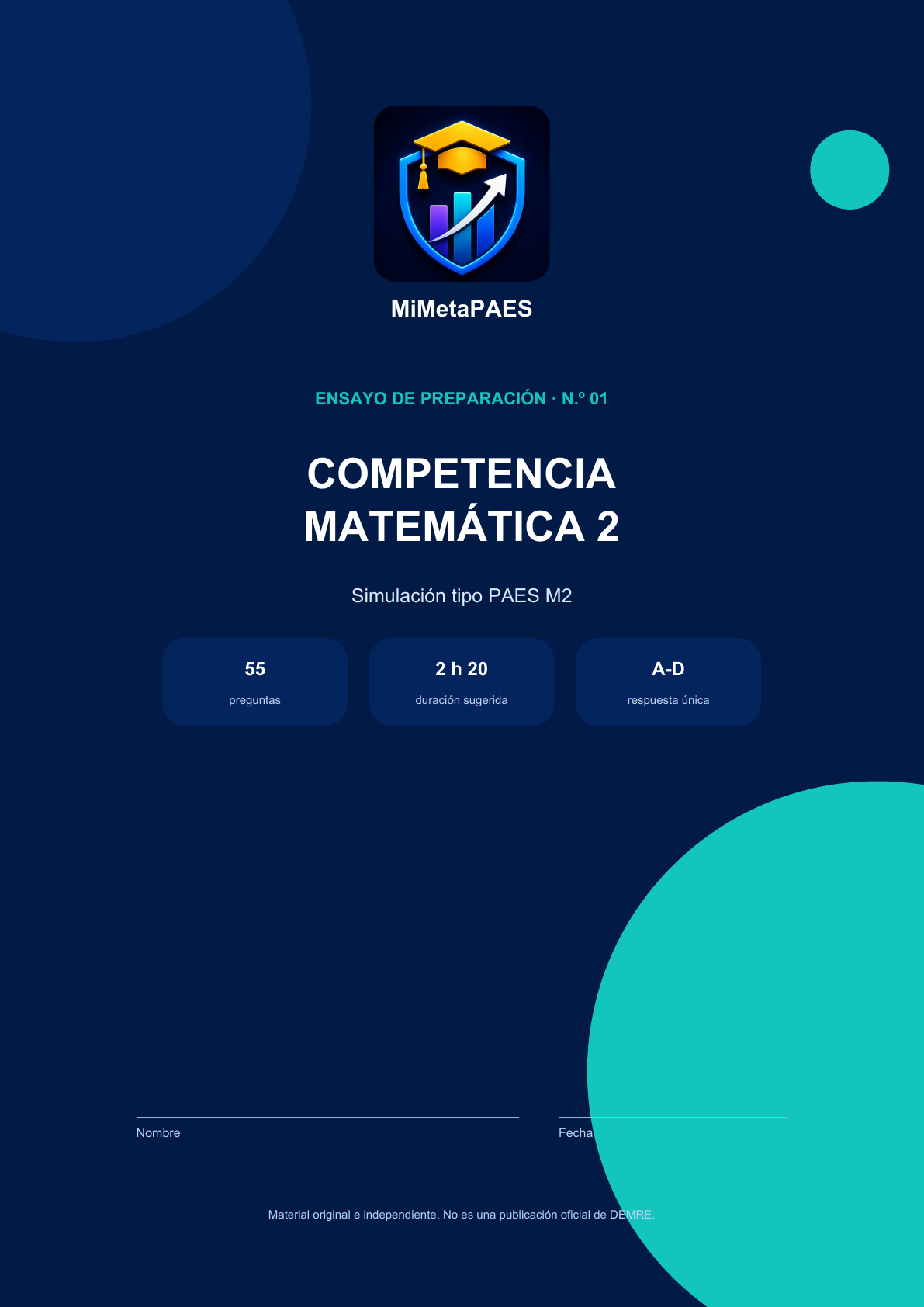 Portada de Ensayo PAES Matemática M2 N.º 01 | 65 preguntas con soluciones
